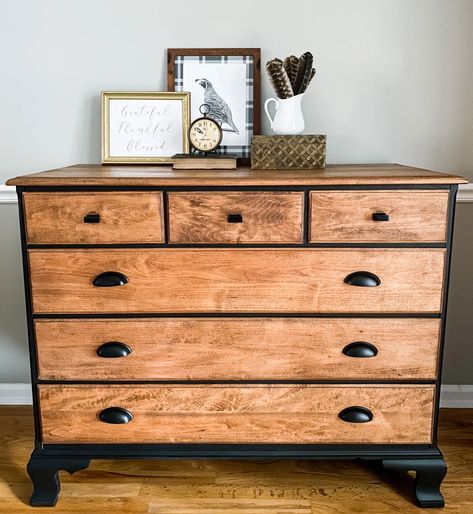 Back On The Horse Two Tone Stained Furniture, Refinished Maple Dresser, Two Toned Dresser Makeover, Two Tone Dresser Makeover, Boys Dressers, Maple Dresser Makeover, Vintage Buffet Makeover, Wood Dressers Makeover, Two Tone Furniture