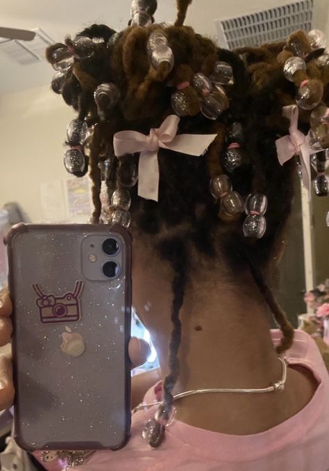 Locs With Bows, Creative Loc Styles, Box Braids With Beads, Feminine Black Women, Mary Macdonald, Short Locs Hairstyles, Loc Hairstyles, Braids With Beads, Natural Hair Braids