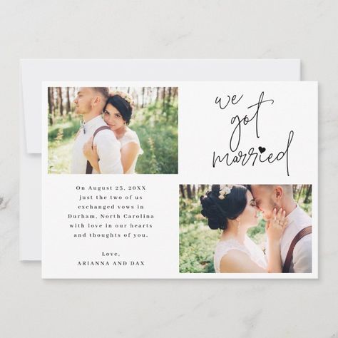 We Got Married 2-Photo Script Heart Announcement  Zazzle We Got Married Announcement, Shop Wedding Reception, Heart Text, We Eloped, Wedding Announcements Photos, Script Heart, Elopement Party, Wedding Announcement Cards, Elopement Announcement