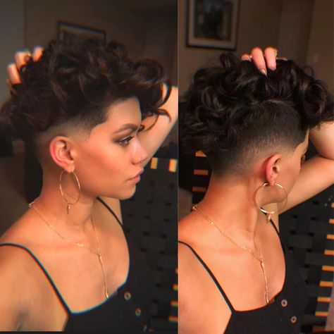 Pixie shaved undercut fade short haircut brunette curls Orlando stylist hair inspiration ideas curly hair 2a curl Short Haircut Brunette, Shaved Curly Hair, Brunette Curls, Undercut Curly Hair, Haircut Brunette, Edgy Short Haircuts, Undercut Fade, Curly Undercut, Curly Pixie Hairstyles