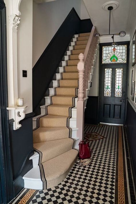 Obsessed with the pink bannister and stunning stair runner in the beautiful hallway of Alex Stedman, The Frugality Edwardian Hallway, Entrance Hall Decor, The Frugality, Architecture Restaurant, Victorian Hallway, Staircase Runner, Hallway Colours, Tiled Hallway, Hallway Inspiration