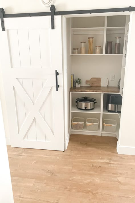 Farm Door Pantry, Pantry Design Sliding Doors, Barn Door Over Pantry, Small Pantry Room Barn Door, Small Pantry Door Ideas Farmhouse, Farmhouse Sliding Door Pantry, Small Pantry With Sliding Door, Pantry Farm Door, Farmhouse Kitchen Pantry Door