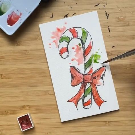 Painted Candy Canes, Candy Cane Watercolor, Cute Christmas Art Ideas, Christmas Card Art Watercolor, Acrylic Christmas Cards, Christmas Paintings Watercolor, Christmas Paintings Ideas, Watercolor Christmas Paintings, Easy Watercolor Christmas Cards Diy