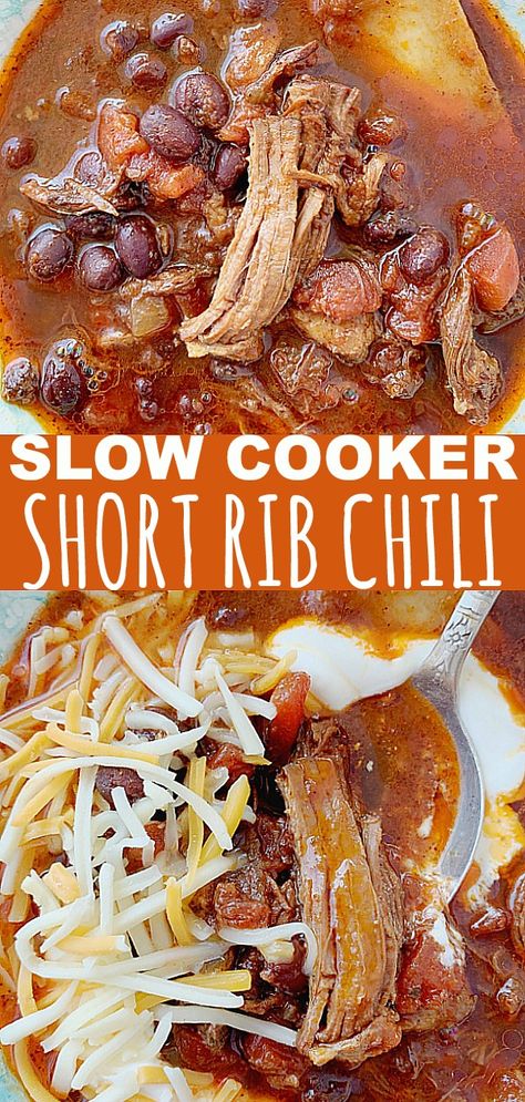 Rib Chili Recipe, Short Ribs Chili Recipe, Short Rib Chili, Short Ribs Slow Cooker, Slow Cooker Ribs, Short Ribs Recipe, Rib Meat, Chili Recipe Crockpot, Shredded Chicken Recipes