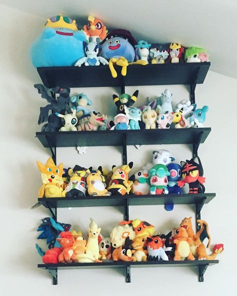 Pokemon Plush display shelves Plush Display, E Girl Room, Create A Pokemon, Stuffed Animal Displays, Pokemon Bedroom, Pokemon Room, Cool Kids Bedrooms, Purple Bedrooms, Monkey Stuffed Animal