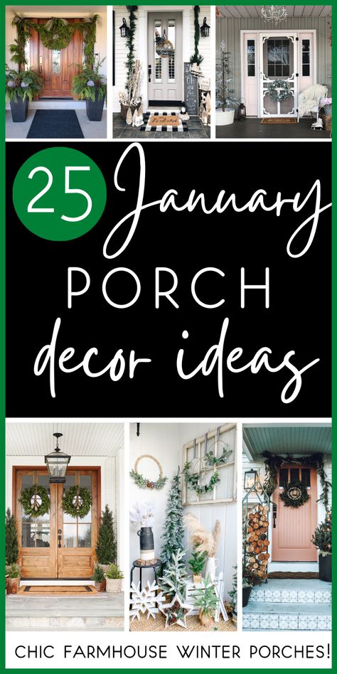 Looking for front porch decorating ideas for winter? You'll find inspiration for a cozy winter aesthetic for your front door and porch, perfect for January!! These winter front porch ideas are the best out there - classy, elegant and easy! Gorgeous modern farmhouse styles - including rustic and minimalist! Enjoy creating winter porch decor you'll enjoy through the cold months - including garlands, winter wreaths, lanterns, lighting, vintage decor ideas and more! Modern Winter Porch Decor, Small Porch Winter Decorating Ideas, Front Porch Winter Decor Ideas After Christmas, February Front Porch Decor, Spring Front Porch Decor Farmhouse Style, January Front Door Decor, Southern Porch Decorating Ideas, After Christmas Porch Decor, January Front Porch Decor Winter