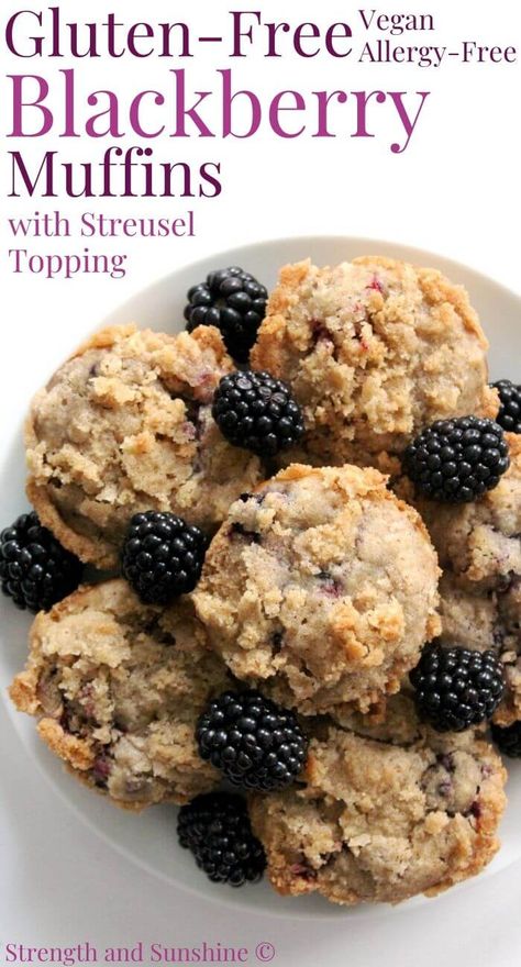 Gluten-Free Blackberry Muffins (Vegan, Allergy-Free) | Strength and Sunshine | Bursting with blackberries, these Gluten-Free Blackberry Muffins are so moist, have an amazing cinnamon streusel topping, and are vegan and allergy-free! A healthy recipe that's easy to whip up using fresh or frozen berries with no added sugar! Homemade muffins with crumb topping make a perfect breakfast for any morning! #muffins #blackberry #blackberrymuffins #veganbreakfast #glutenfreebreakfast Blackberry Muffins, Healthy And Easy Breakfast, Cinnamon Streusel Topping, Blackberry Muffin, Morning Muffins, Egg Free Desserts, Slow Cooker Breakfast Casserole, Healthy Muffin, Blackberry Recipes