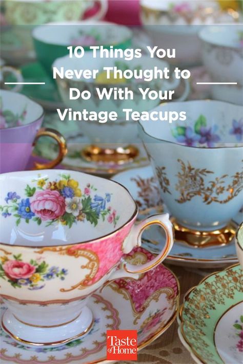 Tea Cup Projects, Tea Cup Decorations, Tea Cups Diy, Tea Cup Decor, Tea Cup Centerpieces, Tea Cup Display, Cup And Saucer Crafts, Vintage High Tea, Tea Cup Art