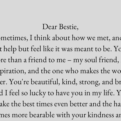 Maggie l Friendship Advice & Inspiration on Instagram: "Tag your soul friend who makes the world better! 🌟🤗 Let’s celebrate the magic of true friendship and spread some love. Comment below and share what makes your bestie so unique to you! 

✨ If you enjoy our content, please follow @heartfelt_writing_journey for more friendship advice and inspirational messages! 💖
❤️ Your support is greatly appreciated, and I’m thankful for every view.
💬 Please share your thoughts in the comments, save this for later, and help spread positivity by sharing this post!

#bestfriendsforever #friendshiplove #soulconnection #cherishedfriendship #gratefulforfriends #supportivefriends" Friends Soulmates Quotes, Thankful For True Friends Quotes, I Love You Bestie, What Is A Best Friend, My Best Friend Quotes, Friendship Quotes Meaningful, Letter To My Best Friend, I Love My Bestie, Friendship Advice