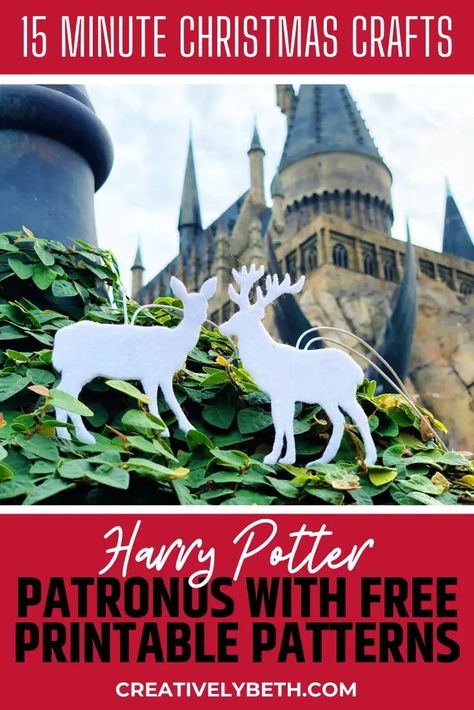 Harry Potter Patronus Ornaments with Free Templates - Creatively Beth Diy Patronus Harry Potter, Patronus Harry Potter, Frozen Butterbeer, Diy Harry Potter Crafts, Cricut Corner, Harry Potter Christmas Ornaments, Happy Christmas Card, Gift Crafts, The Wizarding World Of Harry Potter