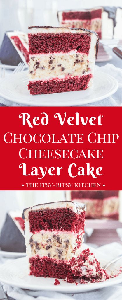 This red velvet chocolate chip cheesecake layer cake features two layers of fluffy red velvet cake, one layer of creamy chocolate chip cheesecake, and a whole lot of cream cheese frosting.  It’s a delicious end to any holiday meal! recipe via itsybitsykitchen.com #valentinesday #layercake #cheesecakecake Unique Red Velvet Cake, Red Velvet Cake Truffles, Cheesecake Layer Cake, Cheesecake Cakes, Red Velvet Chocolate, Pavlova Dessert, Red Desserts, Cheesecake Layer, Red Velvet Cheesecake