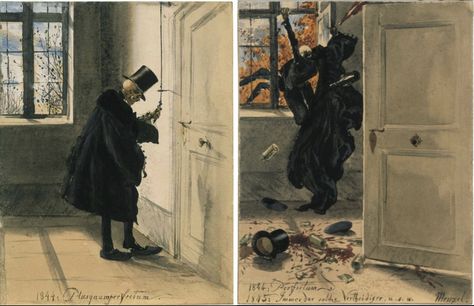 Adolph Friedrich Erdmann von Menzel, The Uninvited Guest 1 & 2; 1844-45 Adolf Von Menzel, Adolph Menzel, The Uninvited, The Book Thief, Grim Reaper, Memento Mori, Great Artists, Dark Art, Beautiful Art