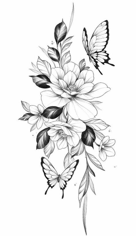 Rose And Butterfly Tattoo, Butterfly With Flowers Tattoo, Flower Thigh Tattoos, Flower Tattoo Drawings, Yakuza Tattoo, Tattoos For Women Flowers, Flower Tattoo Shoulder, Vine Tattoos, Floral Tattoo Sleeve