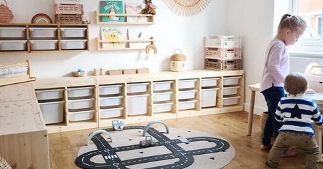 Study And Playroom, Toddler And Baby Room, Playroom Storage, Rattan Mirror, Playroom Organization, Crate Storage, Spare Room, Learning Spaces, Home Learning