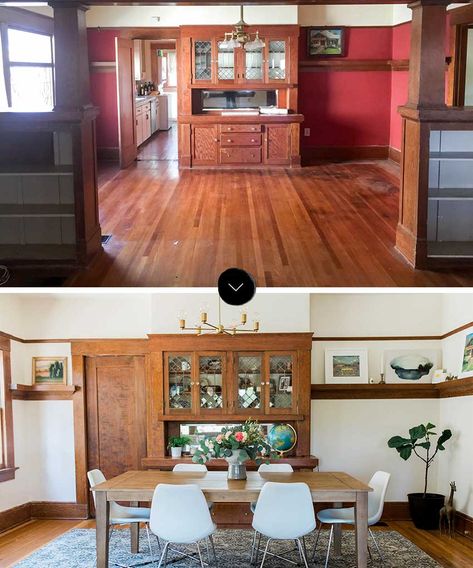 Craftsman Bungalows Interior, Craftsman Bungalow Kitchen, Before And After Dining Room, 1940s Interior Design, 1920s Craftsman Home, Modern Craftsman Interior, Bungalow Dining Room, Craftsman Bungalow Interior, Craftsman Interior Design