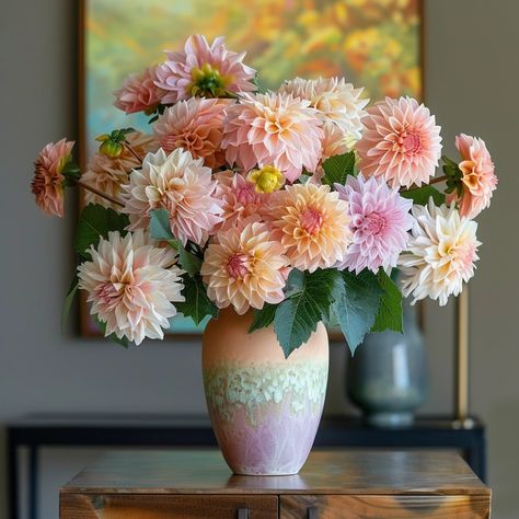 Dahlias for Cut Flowers: 20 Inspirational Dahlia Flower Arrangements Dahlia Arrangements, Dahlia Growing, Dahlia Flower Arrangements, Dahlia Wedding, Pink Flower Arrangements, Dahlias Wedding, Dahlia Bouquet, Colorful Florals, Faux Flower Arrangements