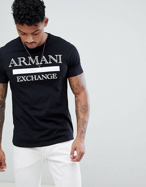 Armani Exchange Slim Fit Text Logo T-Shirt In Black Armani T Shirt Men, Latest Fashion For Men, Latest Clothes For Men, Marvel Clothes, Armani Tshirt, Denim Shirt Men, Armani Exchange Men, Polo T Shirts, Latest Mens Fashion