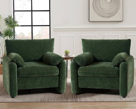 Amazon.com: CDCASA Oversized Accent Chair, Chenille Mid Century Modern Armchair, Comfy Upholstered Seating Reading Single Sofa Chairs for Bedroom Living Room, Set of 2,Green : Home & Kitchen Living Room Single Chair, Forest Green Accent Chair, Tall Back Chairs, Green Chairs In Living Room, Accent Chair With Grey Couch, Sage Green Accent Chair, Accent Chair In Bedroom, Comfortable Chairs For Living Room, Two Chairs Living Room