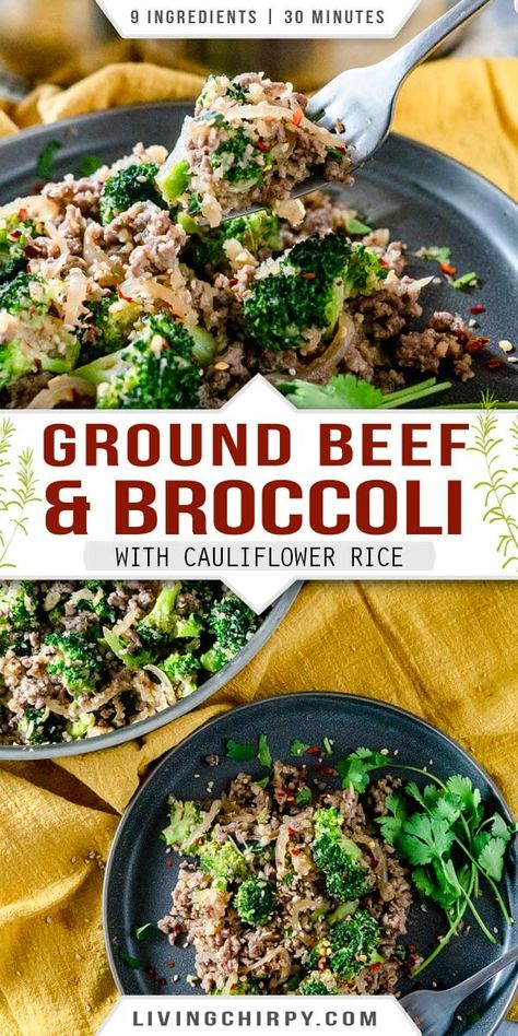 This is a quick and easy recipe for healthy Ground Beef and Broccoli, with cauliflower rice. 9 ingredients, 20 minutes and ONE PAN. Gluten-Free. Can also be made Keto, Low-Carb, Paleo and Whole 30-friendly. #recipe #onepot #onepotrecipes #onepotdinners #keto #ketorecipes #ketodietrecipes #ketodietforbeginners #ketorecipeseasy #ketorecipesdinner #lowcarbrecipes #lowcarbdinner #easyrecipe #easydinnerideas #easydinnerrecipes #glutenfree #glutenfreerecipes #easylowcarbrecipes Healthy Beef And Broccoli, Recipe With Ground Beef, Ground Beef And Broccoli, Healthy Ground Beef, Beef Broccoli, Ground Beef Recipes Healthy, Cauliflower Rice Recipes, Keto Beef Recipes, Healthy Beef