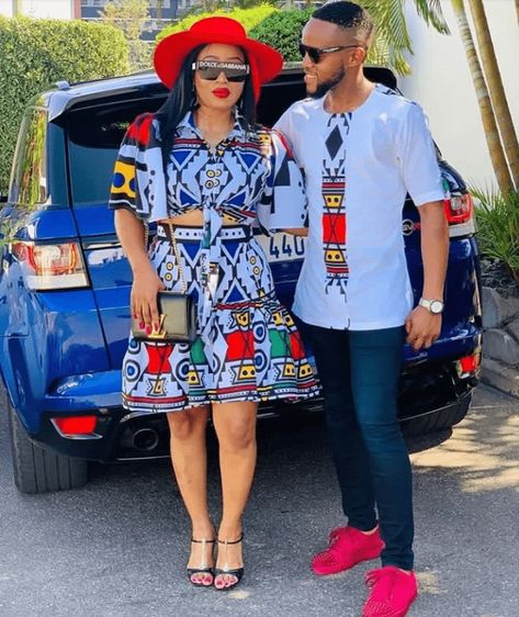 Clipkulture | Modern Ndebele Outfits For Couples Ndebele Print Outfits, Ndebele Traditional Attire, Zulu Traditional Attire, Xhosa Traditional Attire, Skirt And Blouse Styles, Ankara Skirt And Blouse Styles, Xhosa Attire, Couples African Outfits, African Traditional Wear