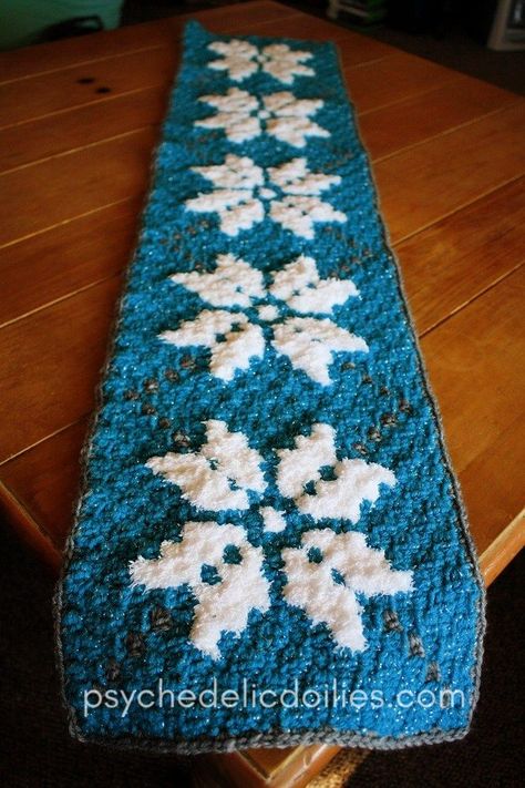 Winter c2c Table Runner Free Crochet Pattern. This fun and festive table runner can be displayed long after Christmas has been packed away. #crochetpattern #freepatterns Runner Crochet, Crochet Table Topper, Dog Sweater Crochet Pattern, Christmas Crochet Pattern, Corner To Corner Crochet, Crochet Table Runner Pattern, Crochet Table, Winter Table, Crochet Hexagon