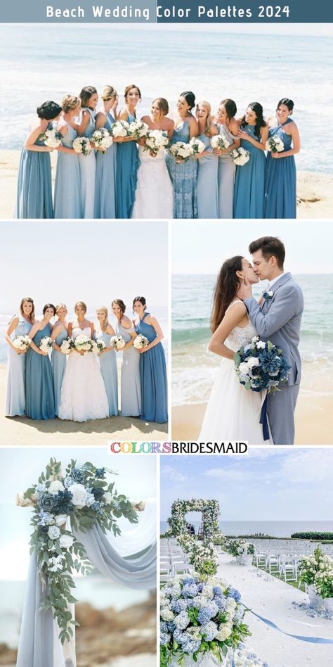 Top 40+ Wedding Colors for All Seasons and Colors - ColorsBridesmaid Beach Wedding Color Palette, Beach Wedding Colors Schemes, Boho Wedding Colors, Beach Wedding Bridesmaid Dresses, Blue Beach Wedding, Wedding Color Palettes, Casual Beach Wedding, Beach Wedding Bridesmaids, Wedding Color Pallet