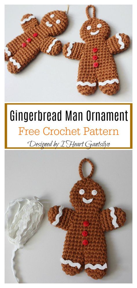 Gingerbread Man Ornament Free Crochet Pattern #freecrochetpatterns #christmasornamentscrochetpatterns #christmasgifts Crochet Gingerbread, Crochet Children, Crochet Christmas Ornaments Free, Heart Crochet, Confection Au Crochet, Crochet Xmas, Christmas Bunting, Crochet Christmas Decorations, Deer Pattern