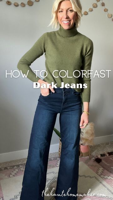 Sarah Kelly | Daily Style Tips | Outfit Styler on Instagram: "Jeans that won’t bleed- Colorfast - How To ✨ - a tub or large bucket of warm water - 1 cup of vinegar -1/2 cup salt Let soak for 1-2 hours Wash on cold -no detergent needed. Air dry. This simple trick is easy, quick & it works! Preserve your dark wash or black jeans & protect your shoes, furniture + tops from bleeding color stains. ✨For best results repeat this 2-3 times. * always wash your jeans inside out, on cold & air d Dark Wash Jeans Outfit, Dark Washed Jeans Outfit, Minimalist Travel Wardrobe, Wash Jeans Outfit, Shoes Furniture, Mustard Cardigan, Leopard Print Swimsuit, Minimalist Travel, Wardrobe Outfits