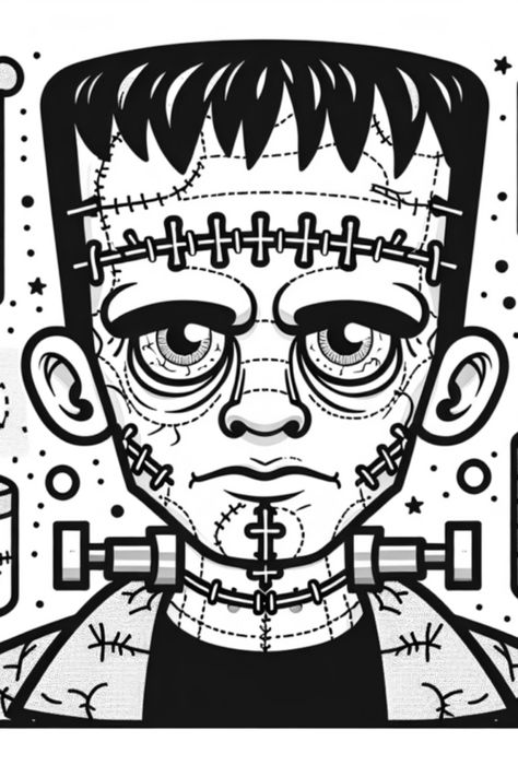 Get ready for a thrilling coloring experience with this exciting Frankenstein's Monster coloring page! Perfect for kids and adults alike, this fun illustration showcases the classic monster with plenty of thrilling details like stitches, bolts, a giant syringe, and spooky stars to color. Dive into creative fun and bring this iconic character to life with your own color choices Frankenstein Coloring Pages, Frankenstein Drawing, Frankenstein Aesthetic, Spooky Scarecrow, Castle Coloring Page, Free Halloween Coloring Pages, Best Pumpkin Patches, Halloween Photo Booth, Creepy Smile