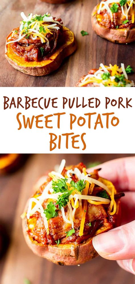 Pulled Pork Bites, Bbq Sweet Potato, Pork Sweet Potato, Sweet Potato Pork, Sweet Potato Rounds Appetizer, Pulled Pork And Sweet Potato Recipes, Yam Appetizers, Sweet Potato Pulled Pork, Pulled Pork Sweet Potato