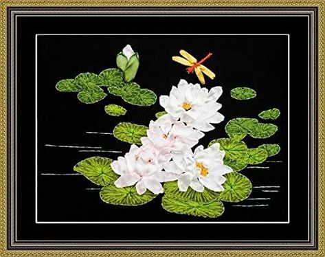 Amazon.com: Ribbon Embroidery Kit for Beginner Flower Design DIY Home Wall Decor Water Lily Ribbon Cross Stitch, Ribbon Cross, Stamped Embroidery Kit, Ribbon Embroidery Kit, Oil Painting Pictures, White Lotus Flower, Ribbon Embroidery Tutorial, White Lotus, Lotus Flowers