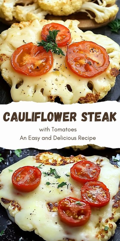 Cauliflower Steaks with Tomatoes and Cheese: An Easy and Delicious Recipe Ingredients: 700 grams of cauliflower 2 eggs Salt, to taste Black pepper, to taste 1 tablespoon sour cream Dry garlic powder, to taste 50 grams of flour 2 tomatoes 200 grams of mozzarella cheese #Cauliflower #Steak Hellofresh Vegetarian, Cheese Cauliflower, Cauliflower Steaks Recipes, Tomatoes And Cheese, Cauliflower Steak, Roasted Cauliflower Steaks, Mozzarella Recipes, Sour Cream Recipes, Low Carb Vegetarian Recipes