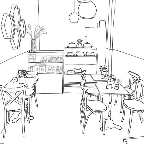 Cafe Sketch Interior, Cafe Interior Painting Ideas, Coffee Shop Interior Design Drawing, 2 Point Perspective Drawing Interior Cafe, Cafe Drawing Interior, Bakery Perspective Drawing, Bakery Drawing Illustration, Coffee Shop Design Drawing, Cafe Drawing Aesthetic