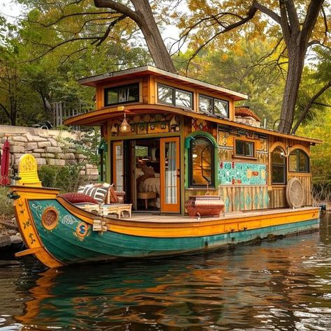 Boathouse Aesthetic, Boat House Ideas Lakes, Small Boat House, Houseboat Living Interiors, House Boat Living, House Boat Interior, Houseboat Exterior, Wood Boat Interior, Small Houseboats