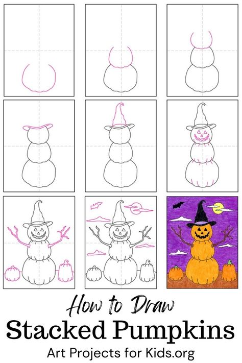 Learn how to draw a Stacked Pumpkins with an easy step-by-step PDF tutorial. #howtodraw #tutorial #drawing #drawingtutorial #arttutorial #artprojectsforkids #howtodrawforkids #pumpkindrawing Halloween Art Drawing, Pumpkin Art Project, Scarecrow Drawing, Easy Halloween Drawings, Draw Halloween, Crows Drawing, Pumpkin Coloring, Art Sub Plans, Crayon Drawing