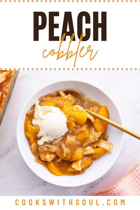 Our peach cobbler with canned peaches and flaky pie crust is a classic soul food dessert recipe! It's also super easy to make with just a few ingredients. Cobbler With Canned Peaches, Peach Cobbler With Canned Peaches, Can Peaches Recipes, Soul Food Recipe, Cooking Soul Food, Peach Pie Filling, Easy Pie Crust, Peach Cobbler Easy, Creamy Mac And Cheese