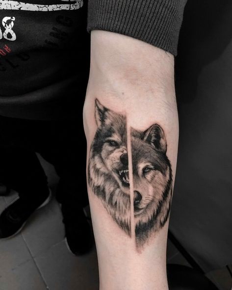 100+ Small Wolf Tattoo Ideas To Inspire You On 2023! 22 Outsons Half Bear Half Wolf Tattoo, Small Wolf Head Tattoo, Wolf Tattoo Design Small, Small Wolf Tattoo Men, Howling Wolf Tattoo Design, Wolf Tattoo Men, Arm Tattoos Wolf, Two Wolves Tattoo, Wolf Head Tattoo