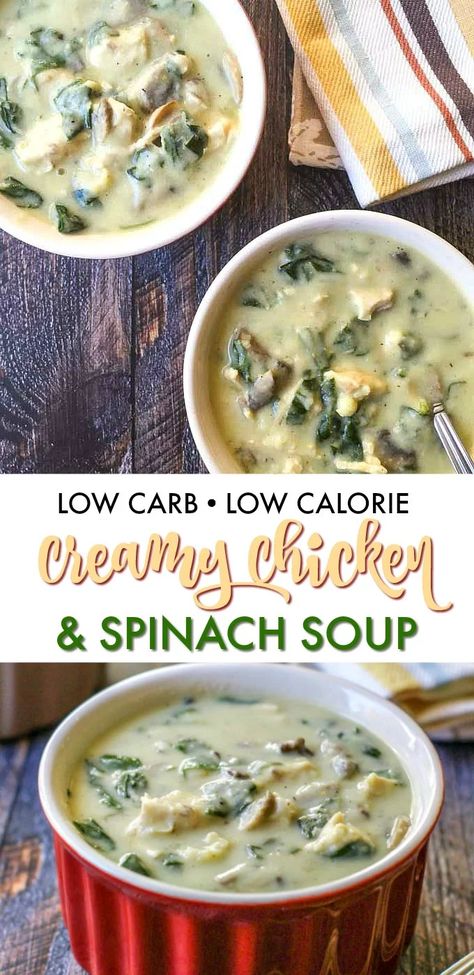 Low Calorie Soups And Stews, Chicken And Spinach Soup, Chicken Spinach Soup, Cauliflower Cream, Keto Chicken Soup, Low Carb Low Calorie, Spinach Soup Recipe, Soup Keto, Keto Soups