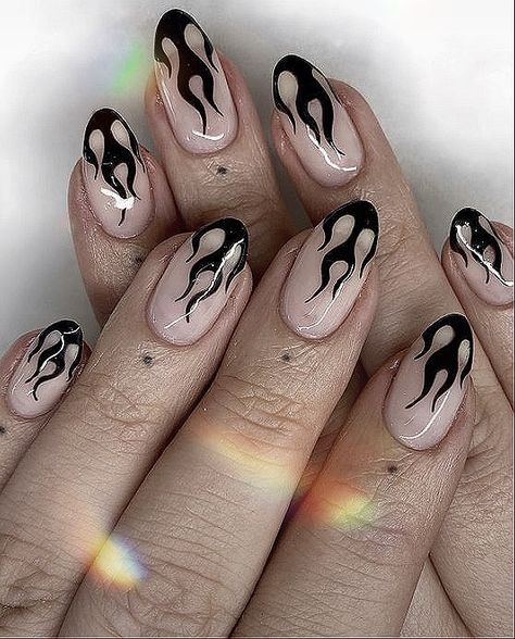 Ghost Flame Nails, Black Flame Nails Square, Chrome Flames Nails, French Tip With Fire Design, Flame Outline Nails, Black And Silver Flame Nails, Black Flame Nails Coffin, Flame Art Nails, Nail Flame Design