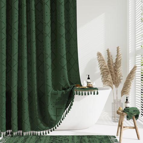 PRICES MAY VARY. 🚿【 Dark Green Boho Shower Curtain with Tufted Geometric Stripes 】 This dark green Fabric shower curtain for bathroom features tufted geometric stripes, making this striped shower curtain suitable for diverse decoration styles, like modern farmhouse, contemporary, simple, bohemian, shabby chic styles. These unique geometric stripes are exactly as shown, which can add a boho touch to your master bathroom, guest bathroom or hotel spa. Choose it, you won't be more pleased! 🚿【 Good Dark Green Shower Curtain Bathroom, Teal Green Shower Curtain, Dark Green Shower Curtain, Dark Green And Black Bathroom, Boho Green Bathroom, Emerald Green Bathroom Decor, Fancy Shower Curtains, Boho Chic Bathroom, Shabby Chic Shower Curtain