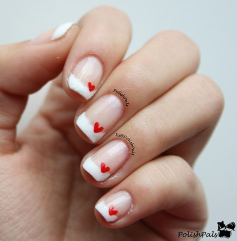 Polish Pals: French Tips + Hearts French Manicure Valentine Nails, French Tip Valentines Nails, French Nails With Heart Design, Valentines French Manicure, Valentine French Tip Nails, Valentines Day French Tip Nails, French Manicure With Heart, French Tip Nails With Hearts, Toenail Ideas