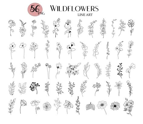 Set of 56 Wildflowers Wildflowers Clipart Line Art Flowers - Etsy Australia Line Art Flowers, Stamp Ideas, Flowers Clipart, Hand Drawn Flowers, Tattoo Set, Clipart Design, Art Flowers, Unique Flowers, Journal Design