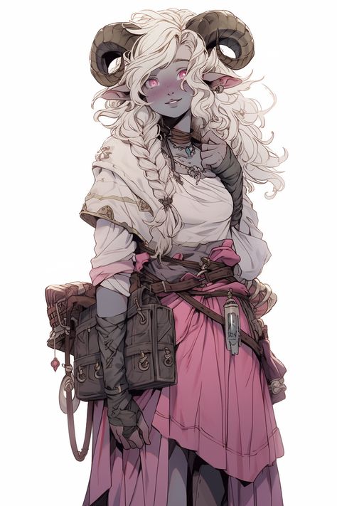 Sheep Satyr Character Design, Satyr Oc Female, Dnd Character Druid, Satyr Sorcerer, Dnd Satyr Female, Teifling Dnd Art, Satyr Woman, Pink Tiefling Female, Dnd Character Design Inspiration