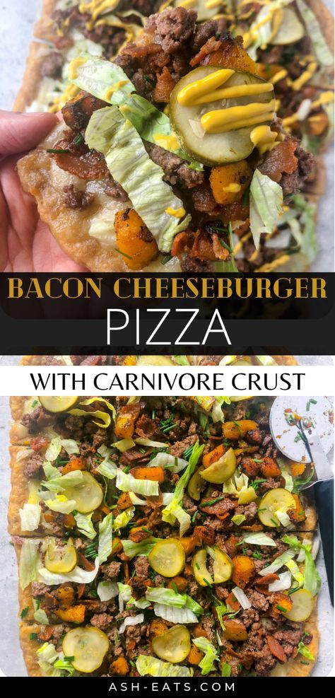 Loaded with grass-fed beef, sugar-free bacon, raw cheese, and crispy kabocha squash + garnished with pickle chips, iceberg lettuce, chives, and a drizzle of yellow mustard, this Bacon Cheeseburger Pizza is delicious, hearty, and filling and sits on a flatbread carnivore pizza crust. This pizza is healthy and full of nutrients. The carnivore pizza crust is flourless and made with meat, eggs, animal fat, and salt. #healthypizza #baconcheeseburger #cheeseburgerpizza Cheeseburger Flatbread, Carnivore Pizza Crust, Ash Eats, Carnivore Pizza, Bacon Cheeseburger Pizza, Pizza Flatbread, Cheeseburger Pizza, Raw Cheese, Italian Diet