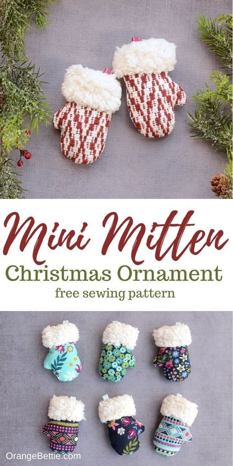 Mini Mitten Christmas Ornament - Free Sewing Pattern Fabric Christmas Ornaments Homemade Easy Diy, Christmas Tree Mitten Ornaments, Christmas Craft Sewing Ideas, Mitten Christmas Ornaments, Tiny Mitten Ornaments, Crafts With Christmas Fabric, Mitten Garland Pattern, Christmas Quilt Crafts Gift Ideas, Mini Stocking Ornaments