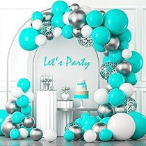 Teal And Silver Birthday Party Ideas, Teal Party Decorations, Tiffany Theme Party, Teal Balloons, Teal Party, Turquoise Party, Silver Confetti, 50th Birthday Decorations, Graduation Balloons