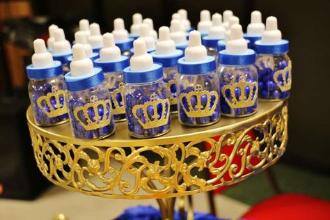 Royal Prince Baby Shower | CatchMyParty.com Prince Baby Shower Ideas, Royal Baby Shower Theme, Royal Baby Shower Boy, Royalty Baby Shower, Prince Baby Shower Theme, Baby Bottle Favors, Prince Theme, Prince Party, Boy Baby Shower Ideas