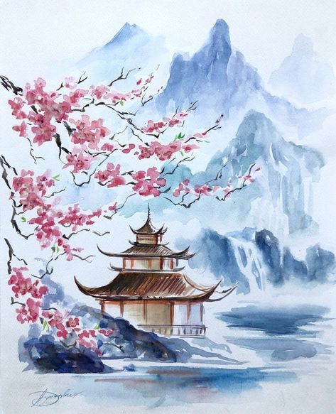 Japan Painting Easy, Japanese Garden Drawing, Drawing Scenery, Painting Flowers Tutorial, Landscape Art Painting, Van Gogh Art, China Art, Japanese Painting, Painting For Kids