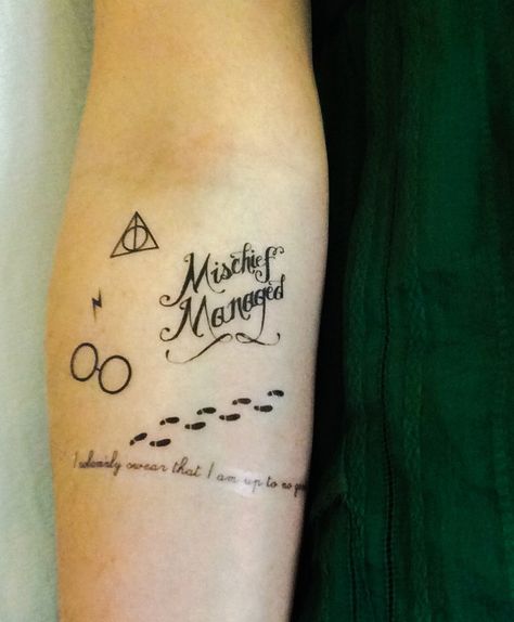 Marauders Map Tattoo, Mischief Managed Tattoo, Tiny Harry Potter Tattoos, Harry Potter Quotes Tattoo, Harry Potter Mischief Managed, Tattoo Harry Potter, Big Tattoos, Harry Tattoos, Map Tattoo