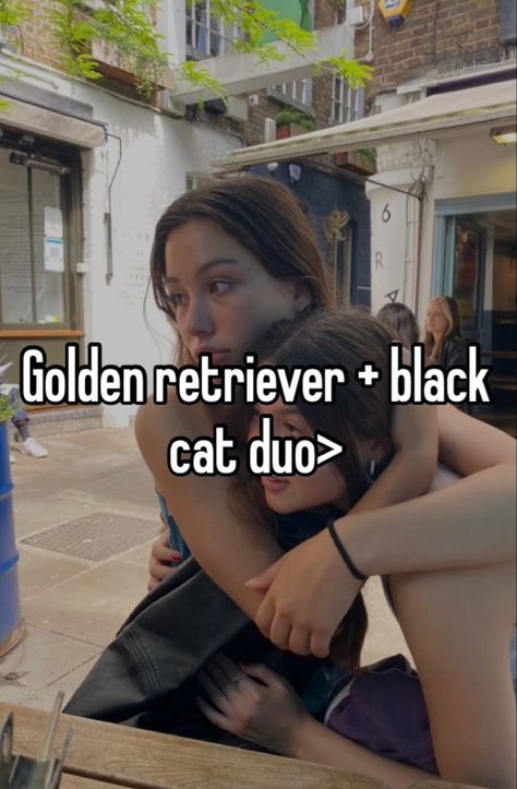 Black Cat And Golden Retriever Friends, Black Cat Golden Retriever Duo Friends, Black Cat X Golden Retriever Couple, Black Cat Golden Retriever Duo, Opposite Aesthetic Friends, Black Cat Girlfriend, Black Cat And Golden Retriever, Golden Retriever Black, Black Cat X Golden Retriever